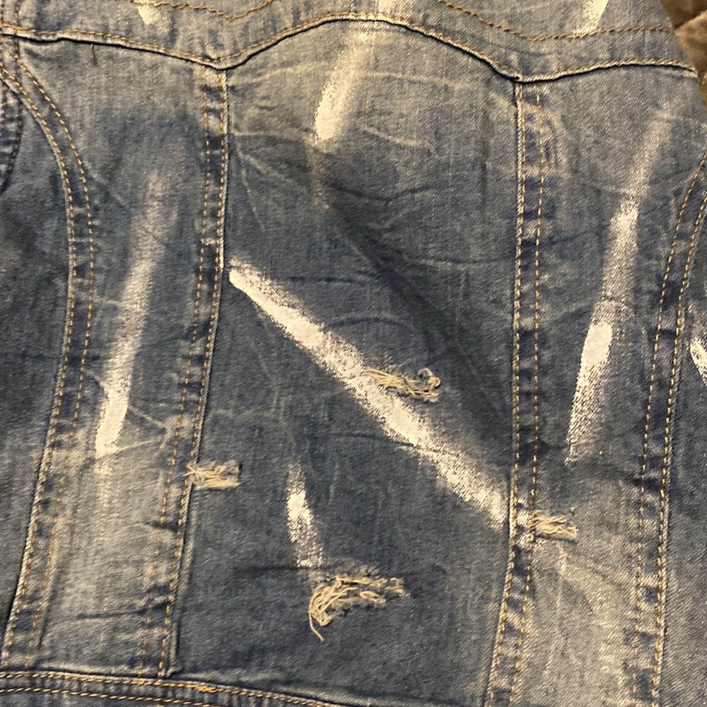 Miss Lili Blue Distressed Customized Splattered Paint Jean Vest Jacket - Picture 9 of 11